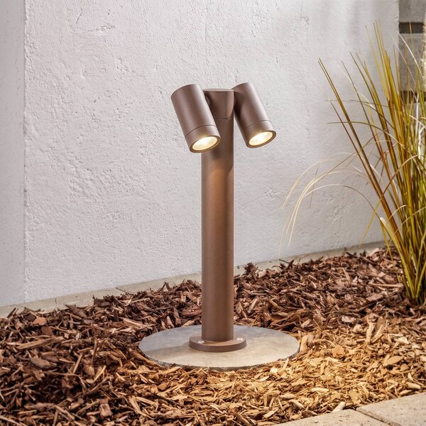 PRIOS Stojací lampa Tulimar, 2 žárovky, 45 cm, rezavá, IP65, stmívatelný, Hnědá / rez, Hliník, Moderní