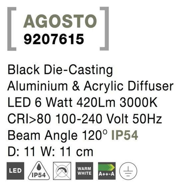 NOVA LUCE venkovní nástěnné svítidlo AGOSTO černý hliník a akrylový difuzor LED 6W 3000K 100-240V 120st. IP54 9207615