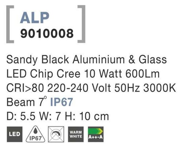 NOVA LUCE venkovní nástěnné svítidlo ALP černý hliník a sklo LED Chip Cree 2x10W 220-240V 3000K 7st. IP65 9010008