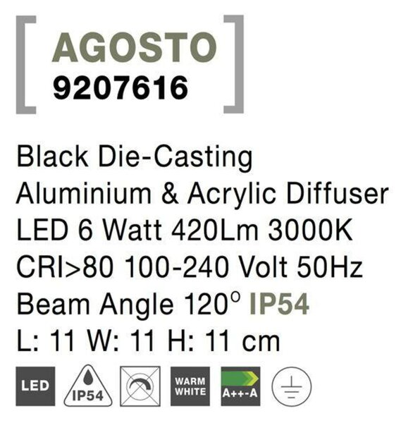 NOVA LUCE venkovní nástěnné svítidlo AGOSTO černý hliník a akrylový difuzor LED 6W 3000K 100-240V 120st. IP54 9207616