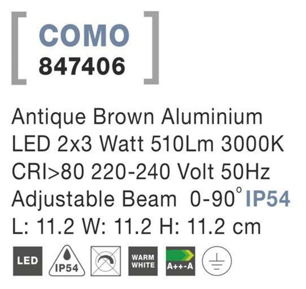 NOVA LUCE venkovní nástěnné svítidlo COMO antický hnědý hliník LED 2x3W 3000K 220-240V nastavitelný úhel 0-90st. IP54 847406