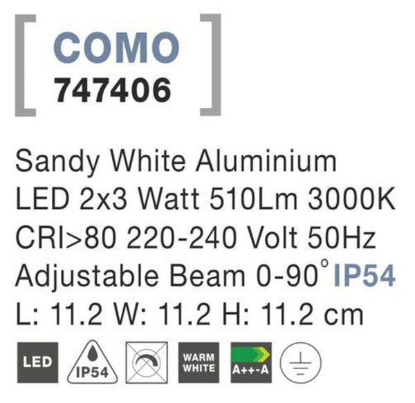 NOVA LUCE venkovní nástěnné svítidlo COMO bílý hliník LED 2x3W 3000K 220-240V nastavitelný úhel 0-90st. IP54 747406