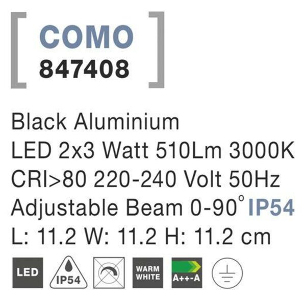 NOVA LUCE venkovní nástěnné svítidlo COMO černý hliník LED 2x3W 3000K 220-240V nastavitelný úhel 0-90st. IP54 847408