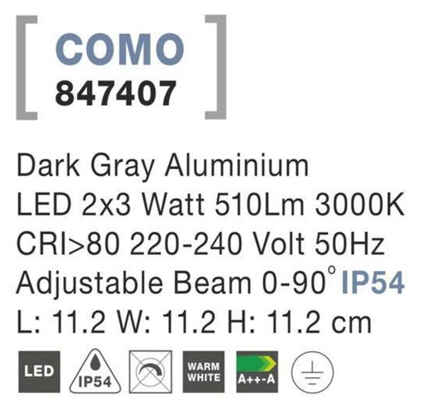 NOVA LUCE venkovní nástěnné svítidlo COMO tmavě šedý hliník LED 2x3W 3000K 3000K 220-240V nastavitelný úhel 0-90st. IP54 847407