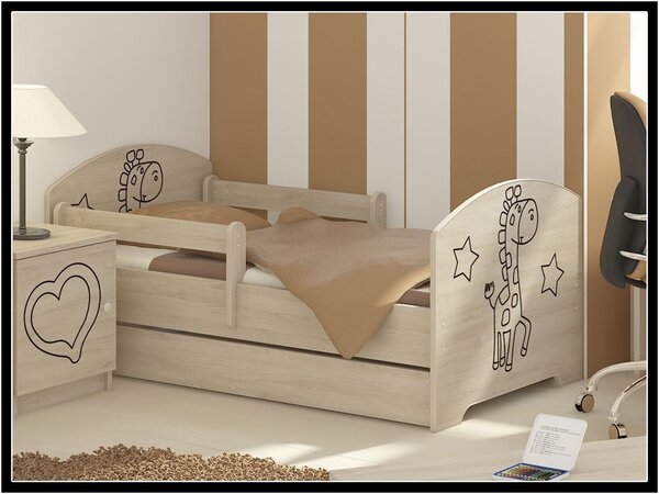 Dětská postel Oskar Žirafa 160x80 cm - Dub Sonoma - 2x krátká zábrana bez šuplíku - Přírodní