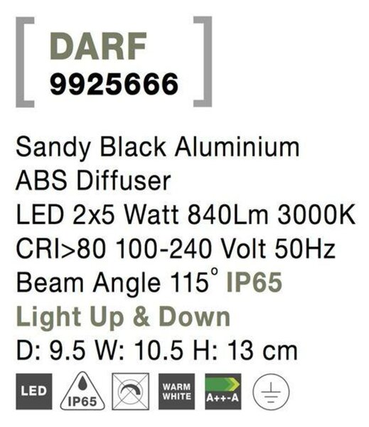 NOVA LUCE venkovní nástěnné svítidlo DARF černý hliník ABS difuzor LED 2x5W 3000K 100-240V 115st. IP65 světlo nahoru a dolů 9925666