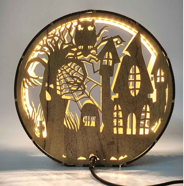 Dřevěná lampa Halloween - Strašidelný dům s sovou | DRACO: HDF - Ořech 20 cm 4796-115339 LED0619