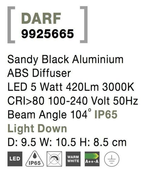 NOVA LUCE venkovní nástěnné svítidlo DARF černý hliník ABS difuzor LED 5W 3000K 100-240V 104st. IP65 světlo dolů 9925665