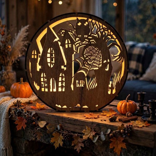 Dřevěná lampa Halloween - Strašidelný dům s sovou | DRACO: HDF - Ořech 20 cm 4796-115339 LED0619