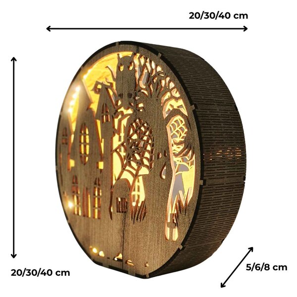 Dřevěná lampa Halloween - Strašidelný dům s sovou | DRACO: HDF - Ořech 20 cm 4796-115339 LED0619