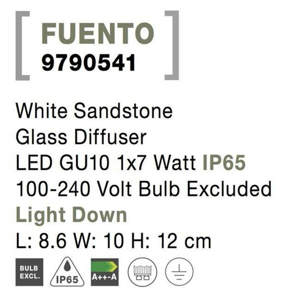 NOVA LUCE venkovní nástěnné svítidlo FUENTO bílý pískovec skleněný difuzor GU10 1x7W IP65 100-240V bez žárovky světlo dolů 9790541