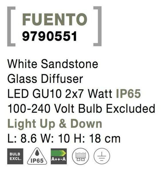 NOVA LUCE venkovní nástěnné svítidlo FUENTO bílý pískovec skleněný difuzor GU10 2x7W IP65 100-240V bez žárovky světlo nahoru a dolů 9790551