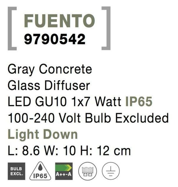 NOVA LUCE venkovní nástěnné svítidlo FUENTO šedý beton skleněný difuzor GU10 1x7W IP65 100-240V bez žárovky světlo dolů 9790542