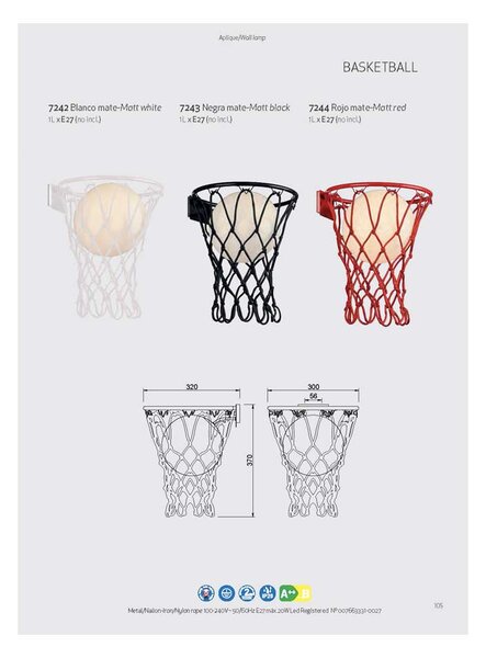 Mantra 7244 Basketball, červené nástěnné svítidlo ve tvaru basketbalového koše, 1xE27 průměr 30cm