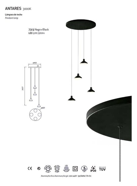 Mantra 7313 Sirio, moderní černé svítidlo se čtyřmi závěsy LED 4x8W 2360lm 3000K, průměr 45cm