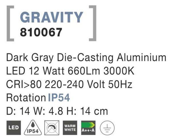 NOVA LUCE venkovní nástěnné svítidlo GRAVITY tmavě šedý hliník akrylový difuzor LED 12W 3000K 220-240V rotační IP54 810067
