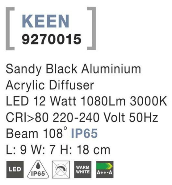 NOVA LUCE venkovní nástěnné svítidlo KEEN černý hliník akrylový difuzor LED 12W 3000K 220-240V 108st. IP65 9270015
