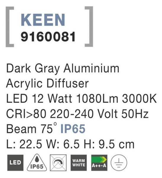 NOVA LUCE venkovní nástěnné svítidlo KEEN tmavě šedý hliník akrylový difuzor LED 12W 3000K 220-240V 75st. IP65 9160081