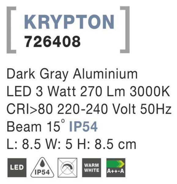NOVA LUCE venkovní nástěnné svítidlo KRYPTON tmavě šedý hliník LED 3W 3000K 220-240V 15st. IP54 726408