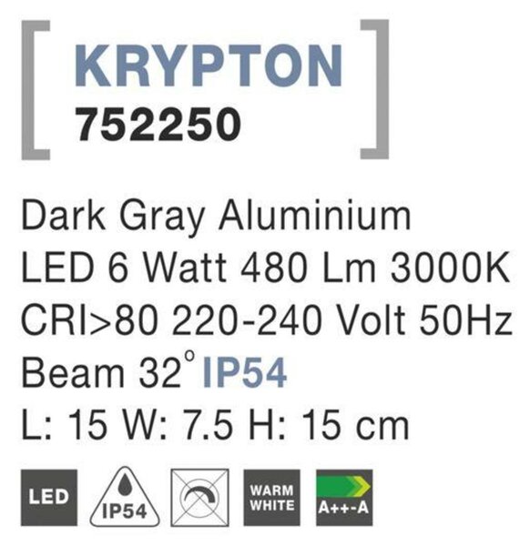 NOVA LUCE venkovní nástěnné svítidlo KRYPTON tmavě šedý hliník LED 6W 3000K 220-240V 32st. IP54 752250