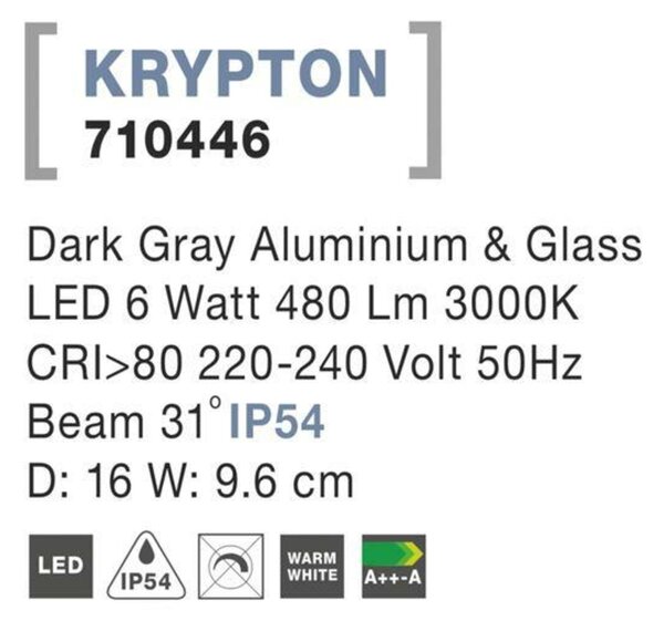 NOVA LUCE venkovní nástěnné svítidlo KRYPTON tmavě šedý hliník a sklo LED 6W 3000K 220-240V 31st. IP54 710446