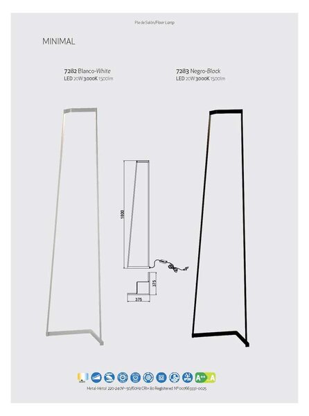 Mantra 7282 Minimal, moderní bílá stojací lampa, LED 20W 1500lm 3000K, výška 180cm