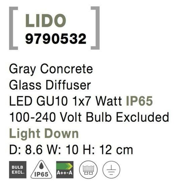 NOVA LUCE venkovní nástěnné svítidlo LIDO šedý beton skleněný difuzor GU10 1x7W IP65 100-240V bez žárovky světlo dolů 9790532