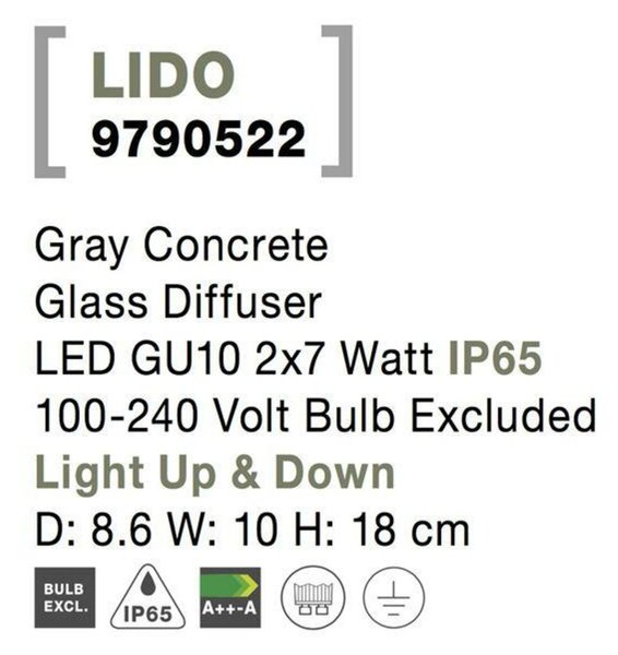 NOVA LUCE venkovní nástěnné svítidlo LIDO šedý beton skleněný difuzor GU10 2x7W IP65 100-240V bez žárovky světlo nahoru a dolů 9790522
