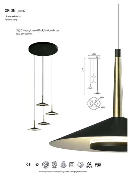 Mantra 7476 Orion, moderní černé svítidlo s mosaznými prvky, LED 4x8W 2360lm 3000K, průměr 45cm