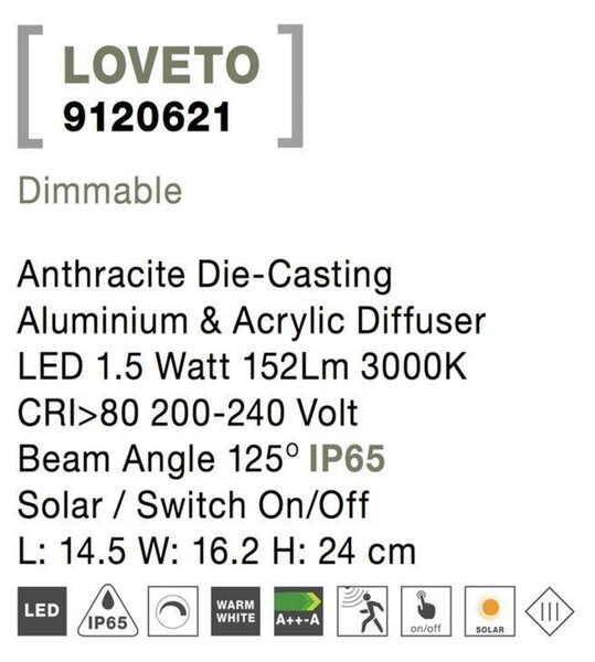 NOVA LUCE venkovní nástěnné svítidlo LOVETO antracitový hliník a akrylový difuzor LED 1.5W 3000K 3.7V 125st. IP65 solární / vypínač na těle / pohybový senzor 9120621