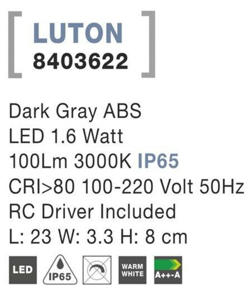 NOVA LUCE venkovní nástěnné svítidlo LUTON tmavě šedý ABS LED 1.6W 3000K IP65 100-220V vč. driveru 8403622