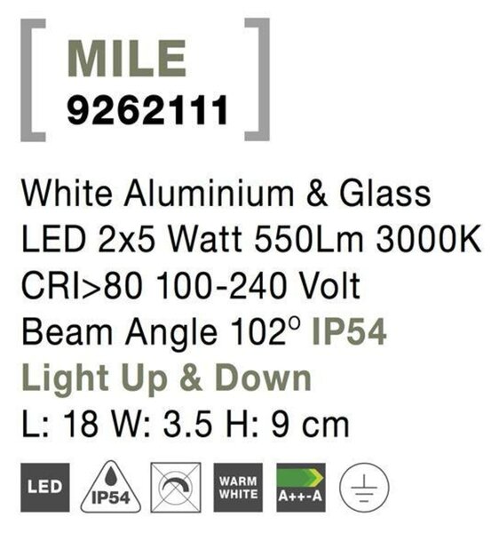 NOVA LUCE venkovní nástěnné svítidlo MILE bílý hliník a sklo LED 2x5W 3000K 100-240V 102st. IP54 světlo nahoru a dolů 9262111