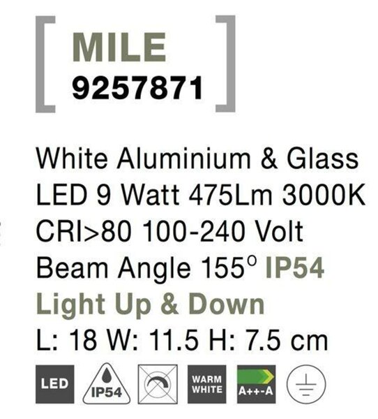 NOVA LUCE venkovní nástěnné svítidlo MILE bílý hliník a sklo LED 9W 3000K 100-240V 155st. IP54 světlo nahoru a dolů 9257871
