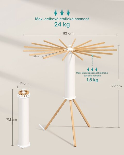 Rotační sušák na prádlo AIRYWOOD s dřevěnými rameny, Ø112x122 cm, přírodní hnědá SongmicsHome