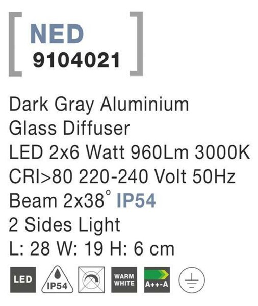 NOVA LUCE venkovní nástěnné svítidlo NED tmavě šedý hliník skleněný difuzor LED 2x6W 3000K 220-240V 2x38st. IP54 světlo po dvou stranách 9104021