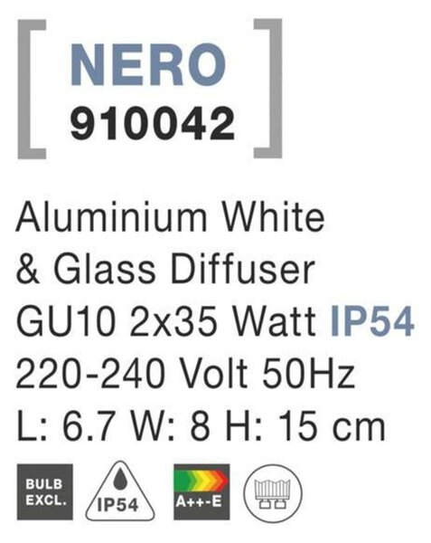 NOVA LUCE venkovní nástěnné svítidlo NERO hliník bílé skleněný difuzor GU10 2x7W 220-240V IP54 bez žárovky světlo nahoru a dolů 910042