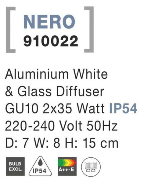 NOVA LUCE venkovní nástěnné svítidlo NERO hliník bílé skleněný difuzor GU10 2x7W 220-240V IP54 bez žárovky světlo nahoru a dolů 910022