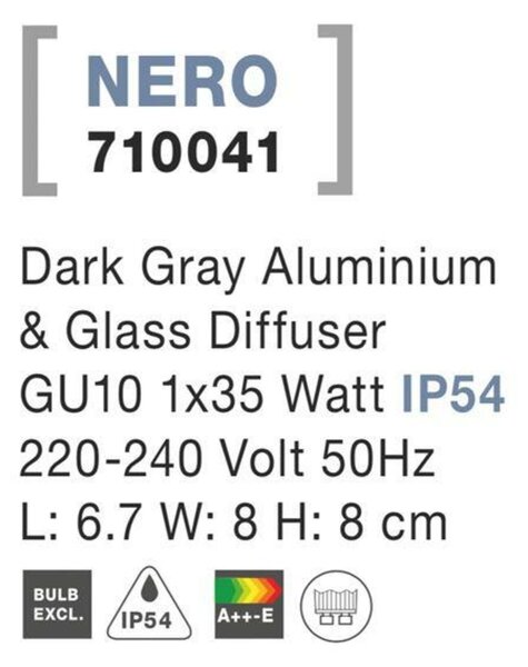 NOVA LUCE venkovní nástěnné svítidlo NERO tmavě šedý hliník skleněný difuzor GU10 1x7W 220-240V IP54 bez žárovky světlo dolů 710041