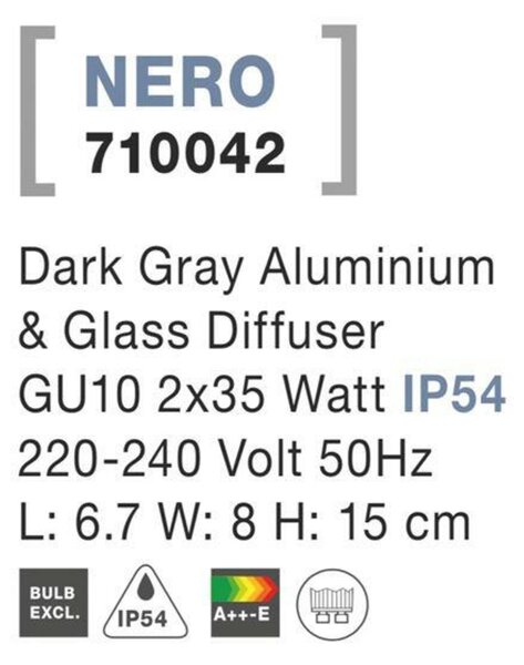 NOVA LUCE venkovní nástěnné svítidlo NERO tmavě šedý hliník skleněný difuzor GU10 2x7W 220-240V IP54 bez žárovky světlo nahoru a dolů 710042