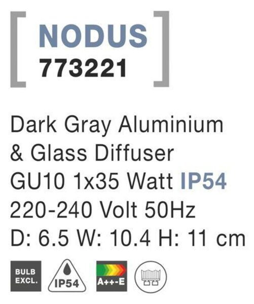NOVA LUCE venkovní nástěnné svítidlo NODUS tmavě šedý hliník skleněný difuzor GU10 1x7W 220-240V IP54 bez žárovky světlo dolů 773221