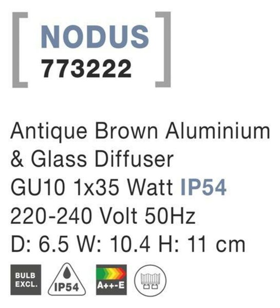 NOVA LUCE venkovní nástěnné svítidlo NODUS antický hnědý hliník skleněný difuzor GU10 1x7W 220-240V IP54 bez žárovky světlo dolů 773222