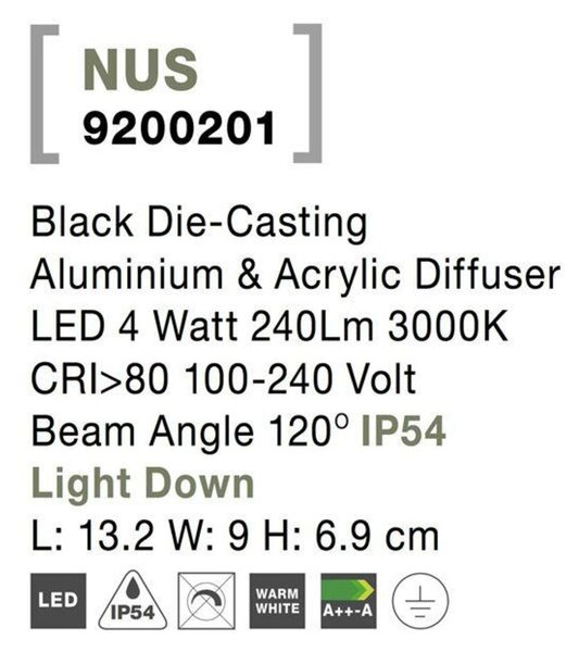 NOVA LUCE venkovní nástěnné svítidlo NUS černý hliník a akrylový difuzor LED 4W 3000K 100-240V 120st. IP54 světlo dolů 9200201