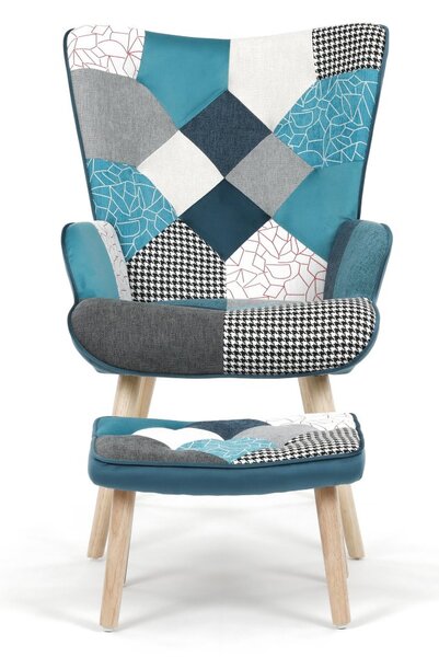 Relaxační křeslo ušák LISA + taburet — masiv, látka, modrý patchwork