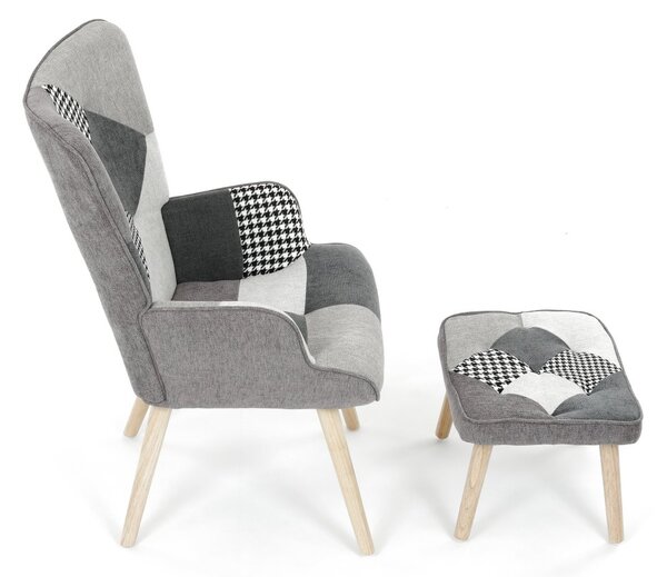 Relaxační křeslo ušák LISA + taburet — masiv, látka, černobílý patchwork