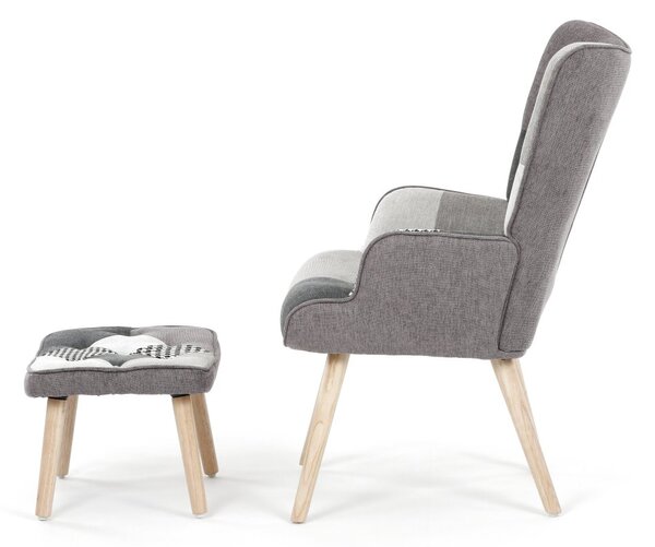 Relaxační křeslo ušák LISA + taburet — masiv, látka, černobílý patchwork