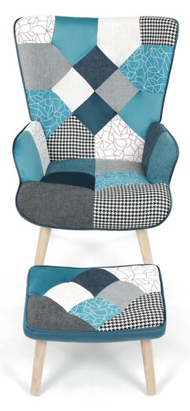 Relaxační křeslo ušák LISA + taburet — masiv, látka, modrý patchwork