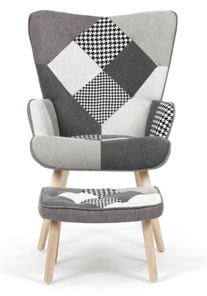 Relaxační křeslo ušák LISA + taburet — masiv, látka, černobílý patchwork