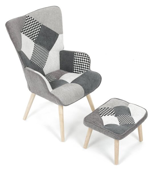 Relaxační křeslo ušák LISA + taburet — masiv, látka, černobílý patchwork