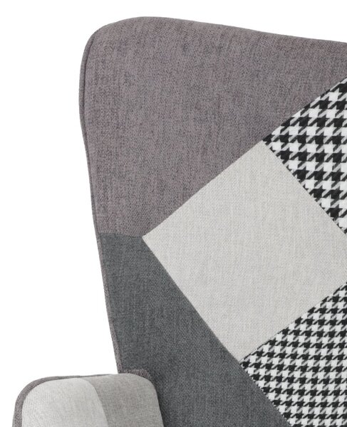 Relaxační křeslo ušák LISA + taburet — masiv, látka, černobílý patchwork