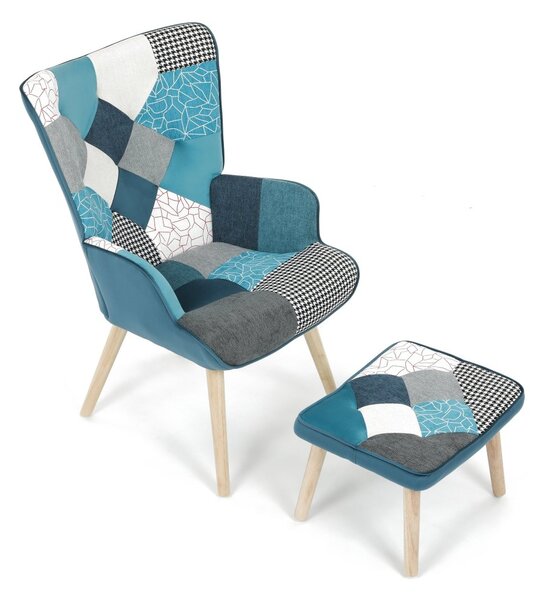 Relaxační křeslo ušák LISA + taburet — masiv, látka, modrý patchwork